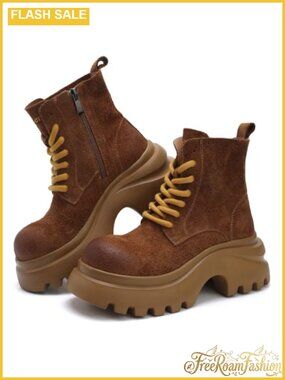 Combat Boots Mid Calf Lace Up Chunky Sole Cow Leather Women's